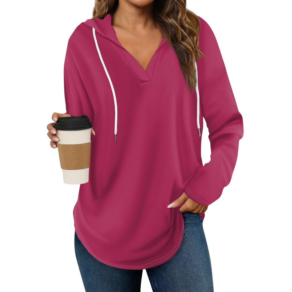 Women's Fashion Hoodies V Neck Long Sleeve Solid Drawstring Casual Loose Pullover Tops