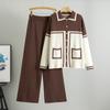 Plus Size Women's Spring New Lapel Color Contrast Fashion Casual Loose Knit Cardigan Two Piece Set