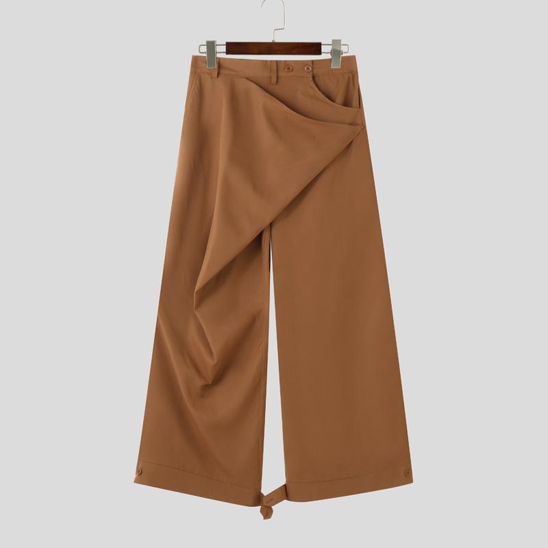INCERUN Men Autumn Spring Solid Color Zipper Waist Trousers Casual Irregular Wide Leg Pants