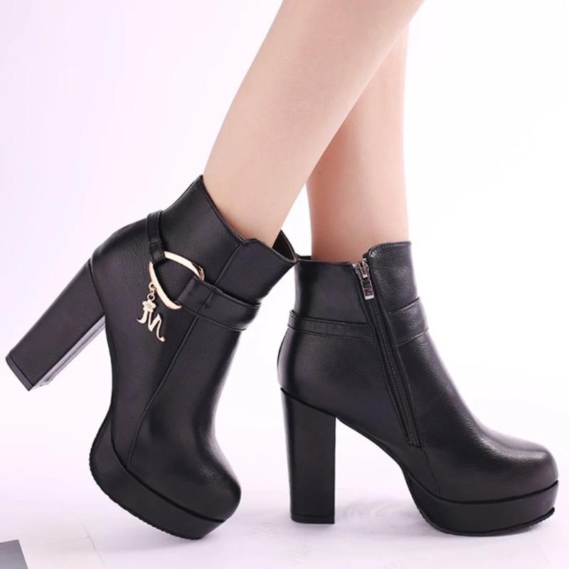 Fashion Fashion Ankle Boots Solid Color Round Head Side Zipper Design Autumn Winter Women's Fashion High Heeled Ankle Boot Size 32-43