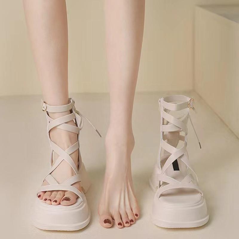 Thick-soled Flat-soled Heightened Lace-up Sandals Female Summer New Fairy Wind Open-toed Muffin Bottom Roman Cool Boots Tide