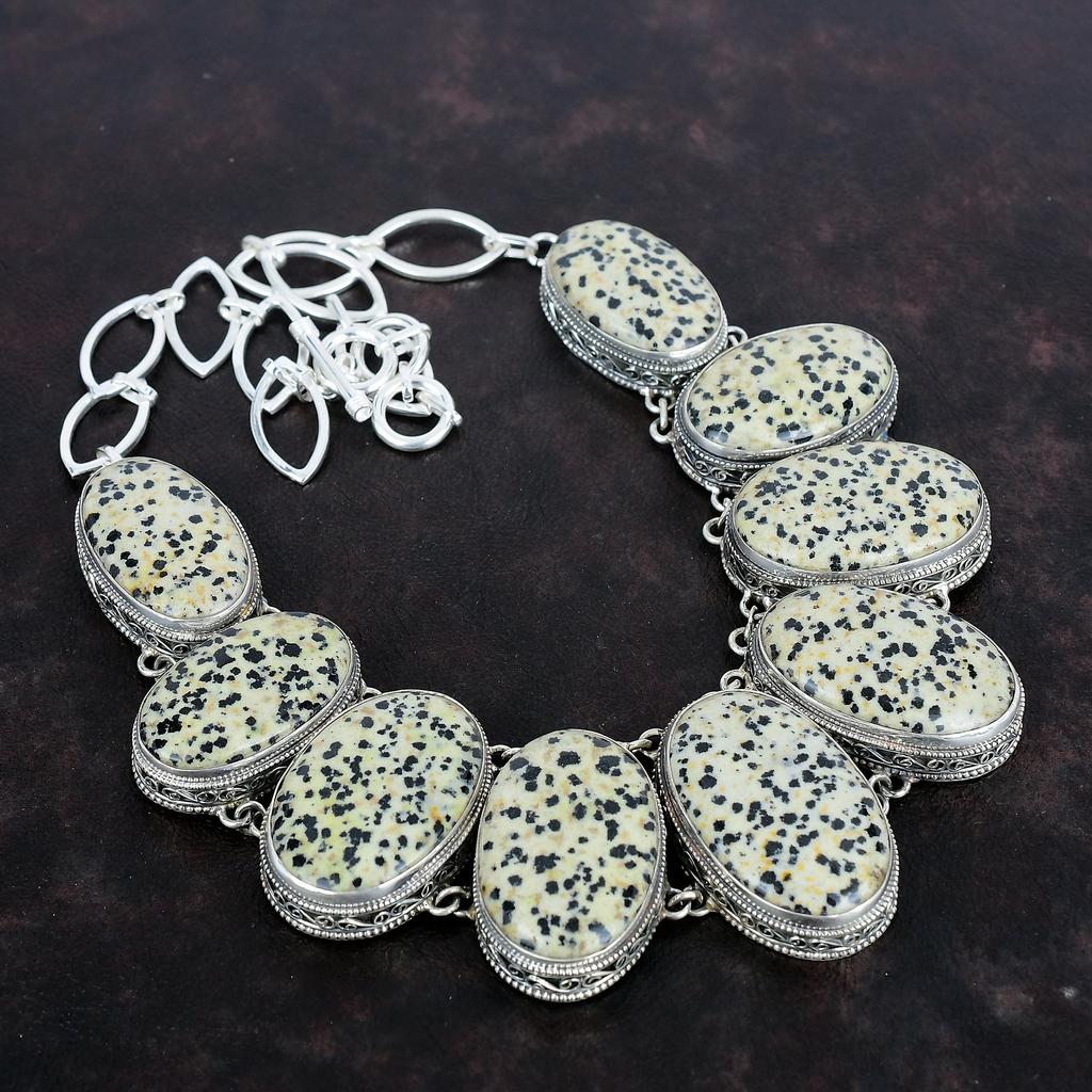 Dalmatian Jasper Gemstone Necklace Vintage Jewelry 925 Sterling Silver Adjustable Chain Necklace Handmade Unique Style Necklace Gift For Her