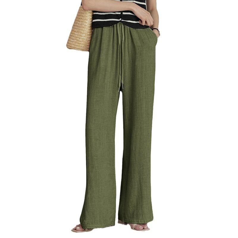 Spring and Summer New Cotton Hemp Loose Elastic Waist Women's Wide Leg Pants