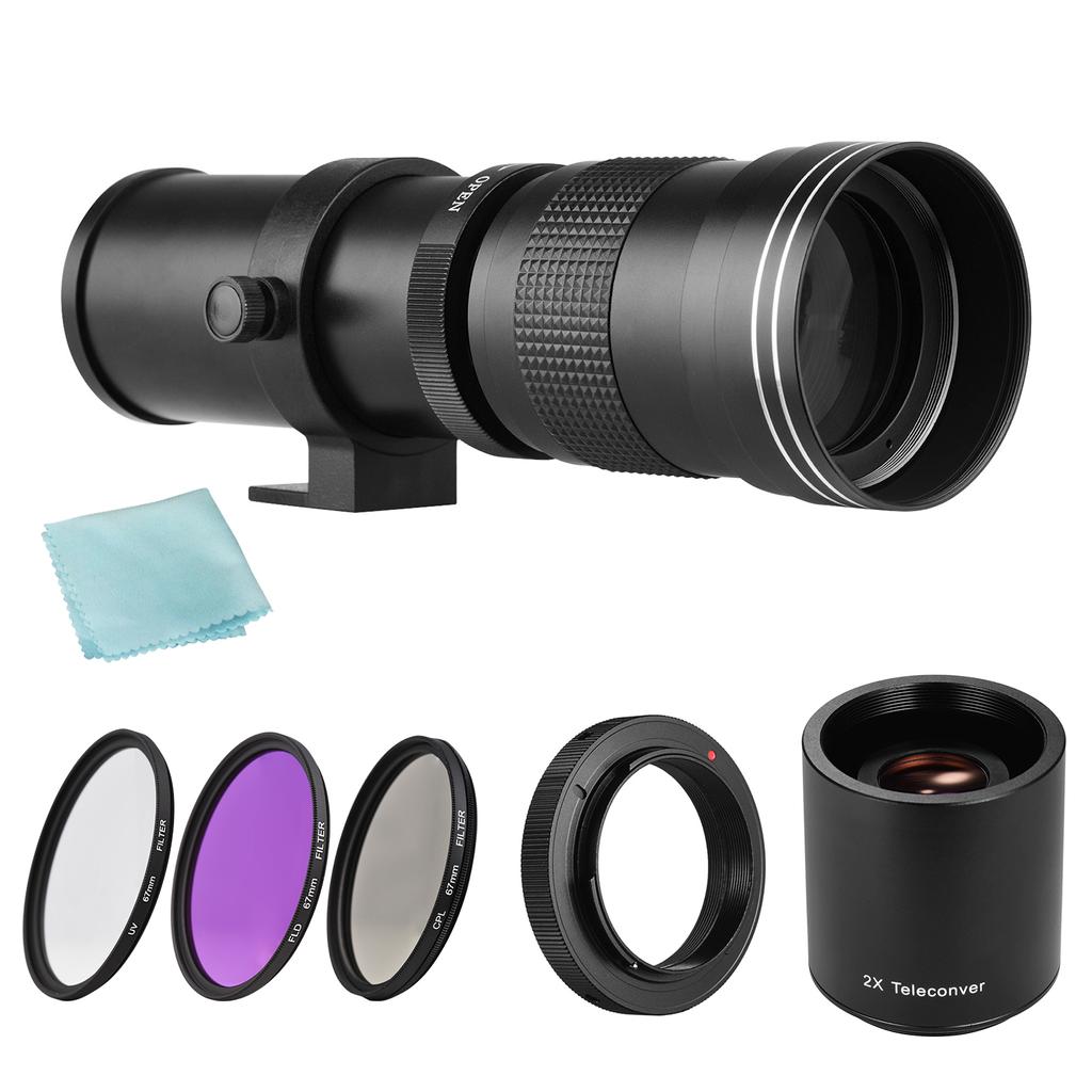 Camera MF Super Telephoto Zoom Lens F/8.3-16 420-800mm T Mount + UV/CPL/FLD Filters Set +2X