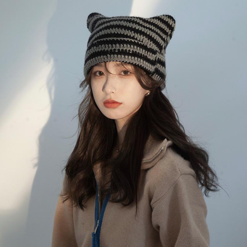 Cute Devil Horn Knitting Striped Beanie Hat Autumn Winter Knitted Wool Caps Girl Cat Ear Pointed Pullover Women Bonnet Hats