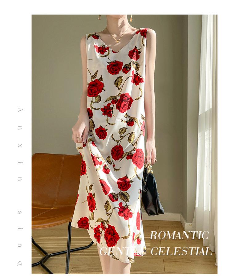 Silk Satin Women's V-neck Print Spaghetti Strap Maxi Dress - Summer 2025 Collection