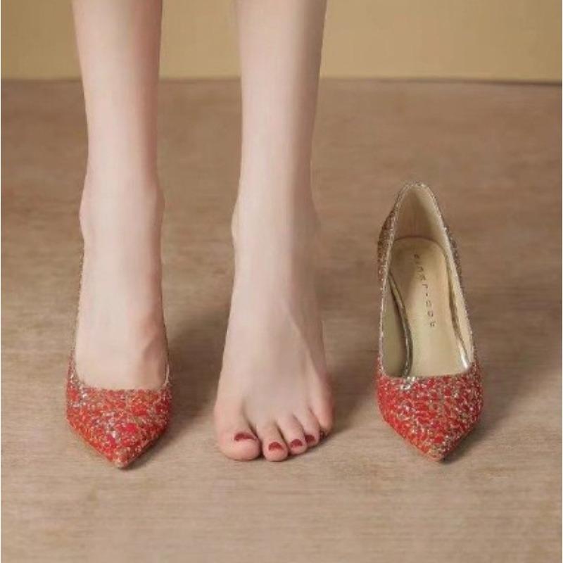 Новая женская элегантная обувь Сексуальные универсальные туфли на высоком каблуке Модные туфли с острым носком и пайетками Трендовые женские изящные туфли Mujer Zapatos