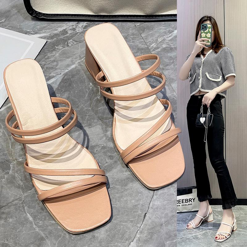 Women Sandals Ladies Square Heels Elegant Summer Slippers Outside Cross Tied Leather Female Slides Fashion Woman Sandals