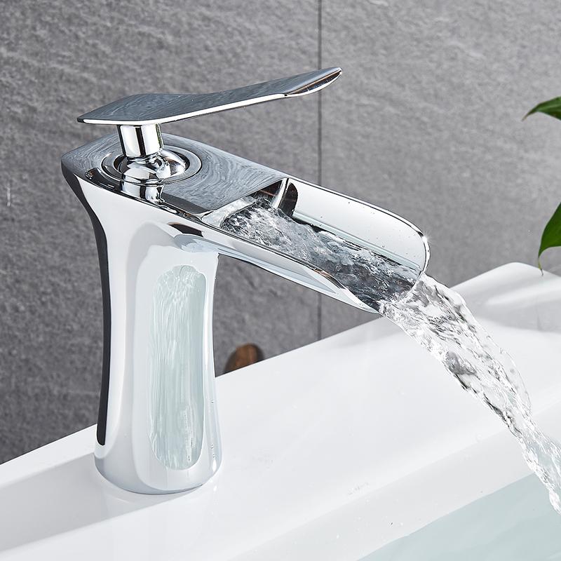 White Chrome Basin Faucets Waterfall Bathroom Faucet Single Handle Hot Cold Water Basin Mixer Tap Bath Sink Water Crane Bathroom