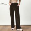 Women Corduroy Long Pants High Waist Button Zipper Fly Solid Color Straight Wide Leg Trousers with Pockets Daily Wear