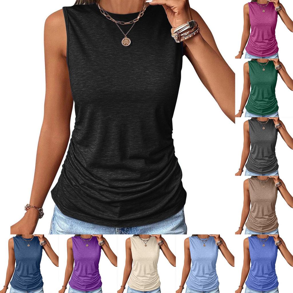 Women's Knitted Plus Size Sleeveless Round Neck Tank Top - Slim Fit with Side Pleats