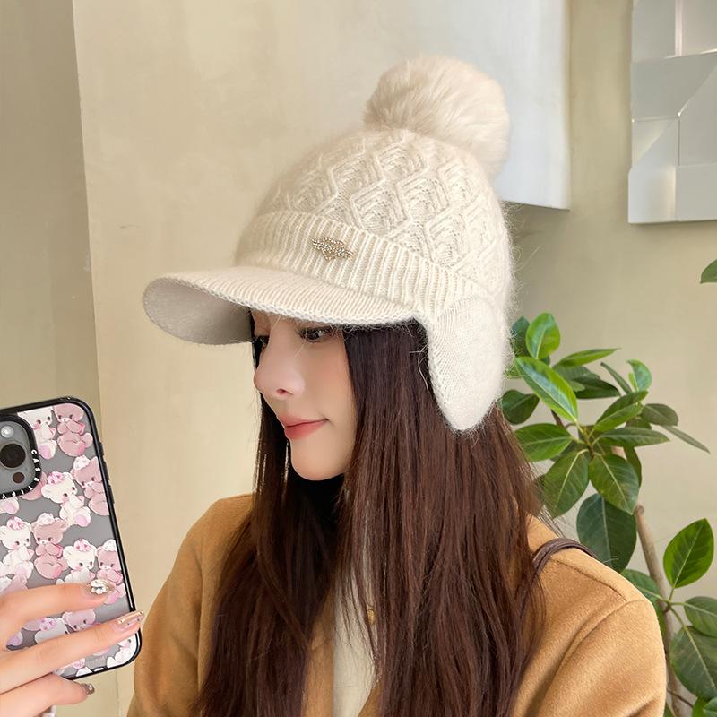 Autumn and Winter Ladies Rabbit Ears Knitted Hat Padded Warm Ear Protection Cap Wool Hat Thickened Duck Tongue Hat Beret