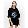 Oversized T Shirt Black Mount Fuji Floral Print With ML BASIC Text Casual Streetwear Fashion For Women