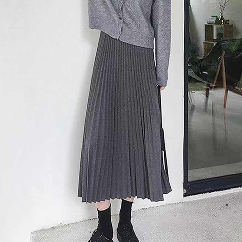 Qooth Elegant A Line Pleated Skirt Spring Summer Long Skirt Women Casual High Waisted Maxi Skirts JM0001