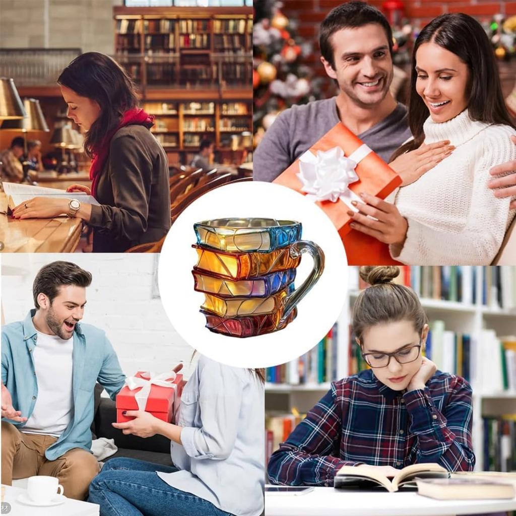 Painted Book Mug, Unique Colorful Resin Stacked Books Coffee Cup, Collectible Gift for Readers, Librarians, Literature Lovers