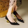 Wedge Single Shoes Autumn New Pointed Toe Shallow Suede Metal Button Soft Sole Anti-slip Wear-resistant Kitten Heels