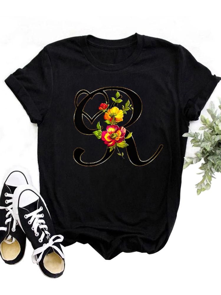 Custom Name Letter Combination Tops Fashion Women T-Shirt Rose Flower Heart Letter Font A B C D Short Sleeve Tees Black T-Shirt