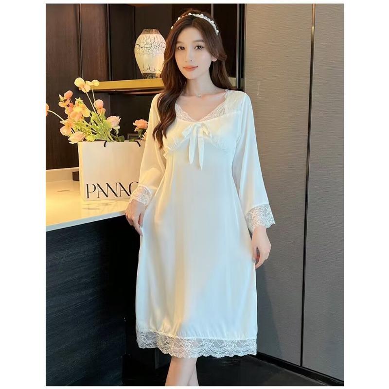 Women's Sexy Spring and Autumn Nightdress Ladies Sweet Lace Ice Silk Loungewear Long Sleeve Homewear