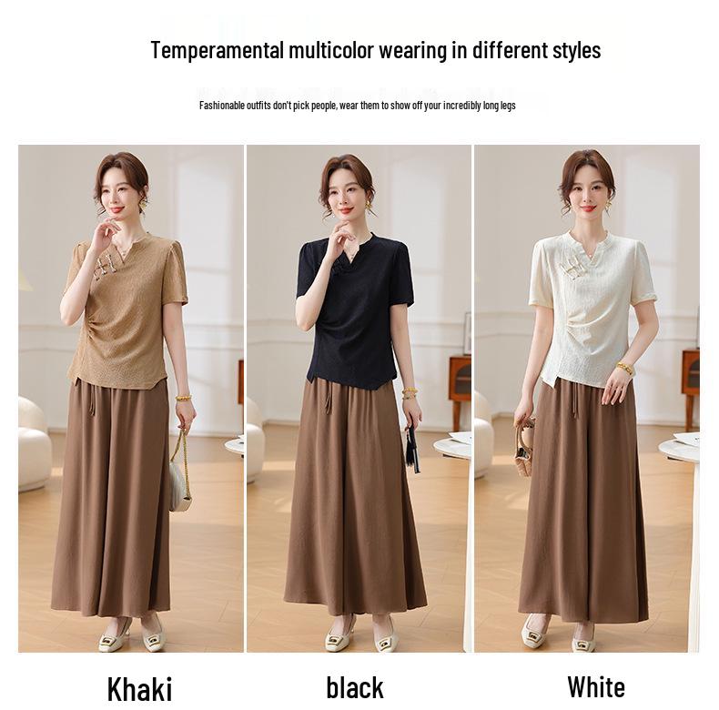Chinese Style Summer Set: Short-Sleeved Blouse & Wide-Leg Pants for Middle-Aged Women