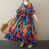 Dimanaf Plus Size New 2025 Women Summer Short Sleeve Dress Basic Casual Floral Loose Vintage Beach Long Dress