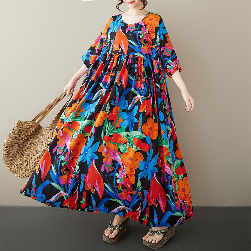 Dimanaf Plus Size New 2025 Women Summer Short Sleeve Dress Basic Casual Floral Loose Vintage Beach Long Dress