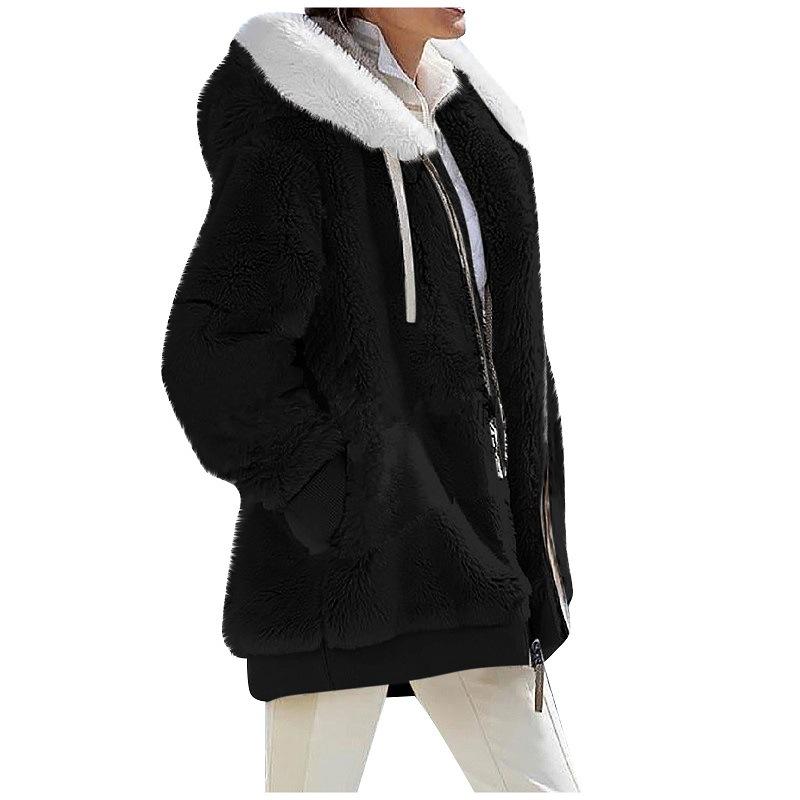 2024 Autumn/Winter Loose Plush Long Sleeve Zip Pocket Hooded Warm Coat for Women