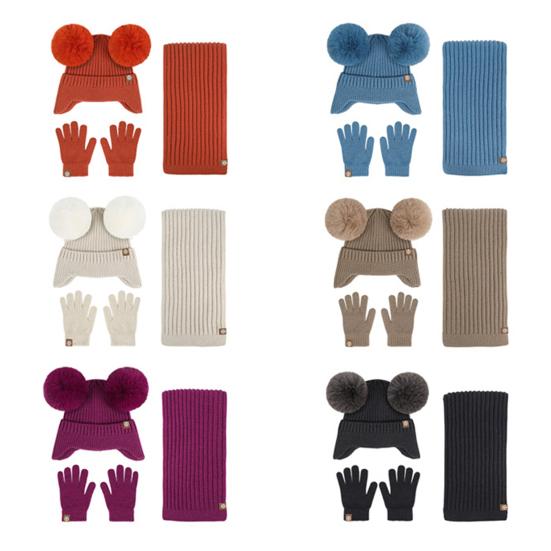 Набор из 3 предметов: детская зимняя шапка, шарф, перчатки. Толстая вязаная шапка с защитой ушей, перчатки. Эластичный, ветрозащитный, для зимней улицы.