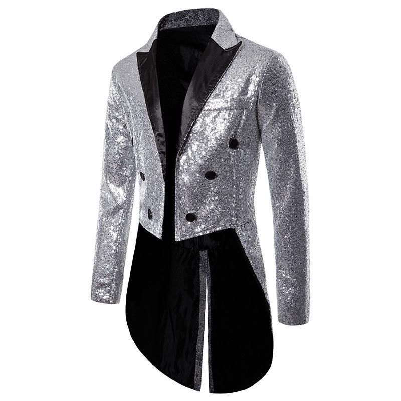 Men's British Style Men Court Tuxedo Suit Coats Fashion Sequin Decoration Blazers Gentleman Wedding Party Long Jacket Singers Stage