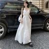 Women's White French Beach V-Neck Spaghetti Strap Maxi Dress