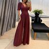 Women's Summer Temperament Casual V-neck Tie High Waist Bubble Short Sleeve Wide Leg Jumpsuit