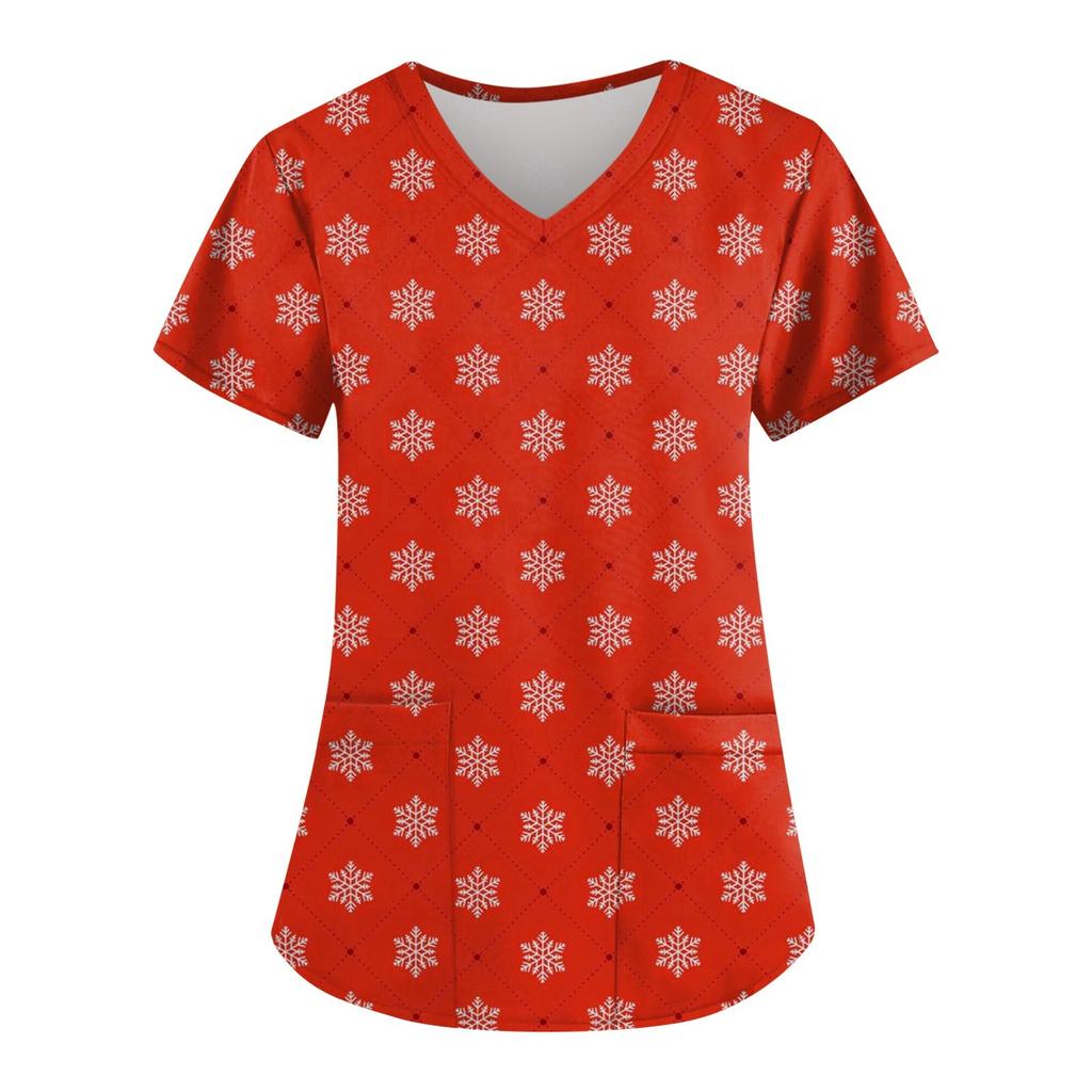 Women's Fashion Christmas Printed Short Sleeve V-Neck Top Small Pocket Work T-Shirt