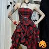 Gothic Plaid Red Summer Dress Women Lolita Streetwear Sleeveless Punk Off-Shoulder Dress Party Assymmetric Dresses