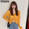 Girl's Hollow Out Solid V-Neck Knitwear Spring Long Sleeve Loose Thin Casual Knitted Tops Drawstring Sunscreen Pullovers