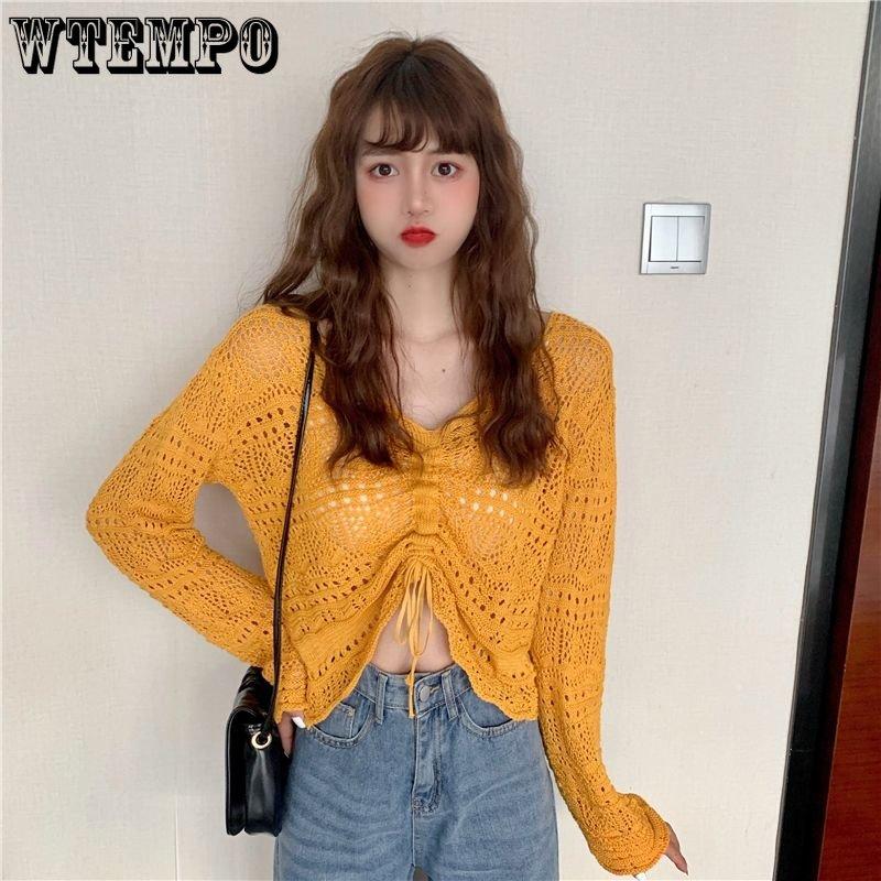 Girl's Hollow Out Solid V-Neck Knitwear Spring Long Sleeve Loose Thin Casual Knitted Tops Drawstring Sunscreen Pullovers