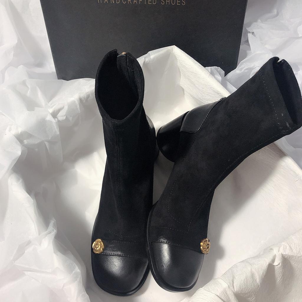 Short Tube Thick Heel Round Head Splicing Elastic High Heel Rear Zipper Women's Boots