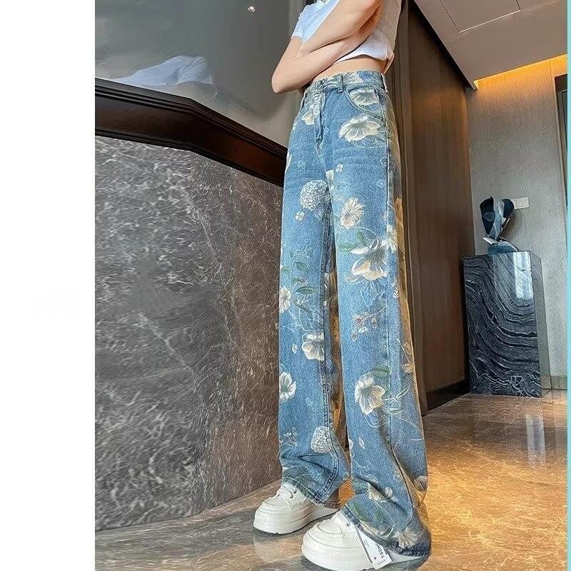 Women's Retro Floral Wide-Leg Printed Jeans - Summer 2024 Collection