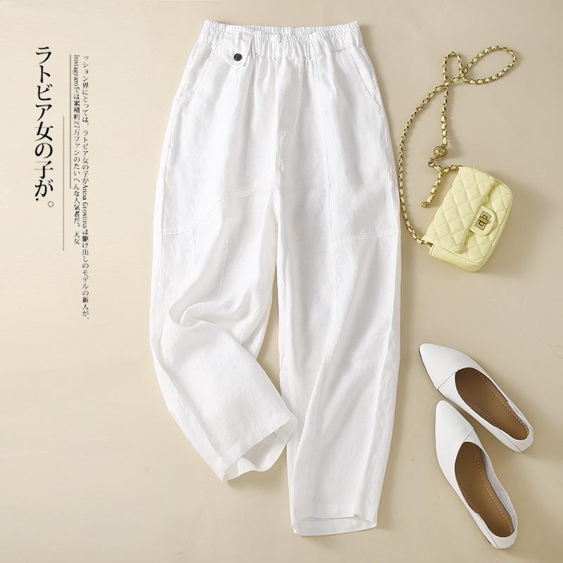 Spring and Summer Literary Retro Cotton Linen Harem Trousers Plus Size Women's Elastic Waist Solid Colour Versatile Cropped Pants