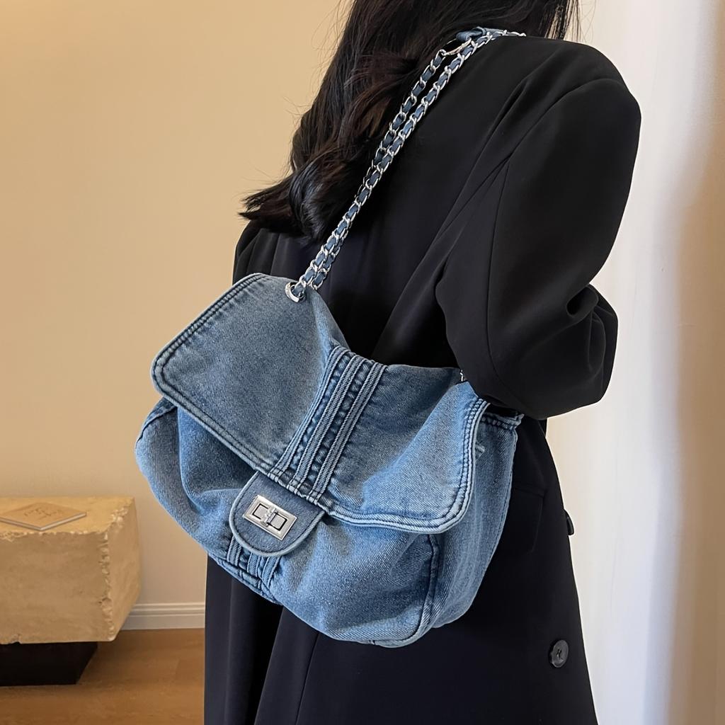 Women's Fashion Denim Shoulder Bag - Trendy Solid Color Underarm Handbag & Purse