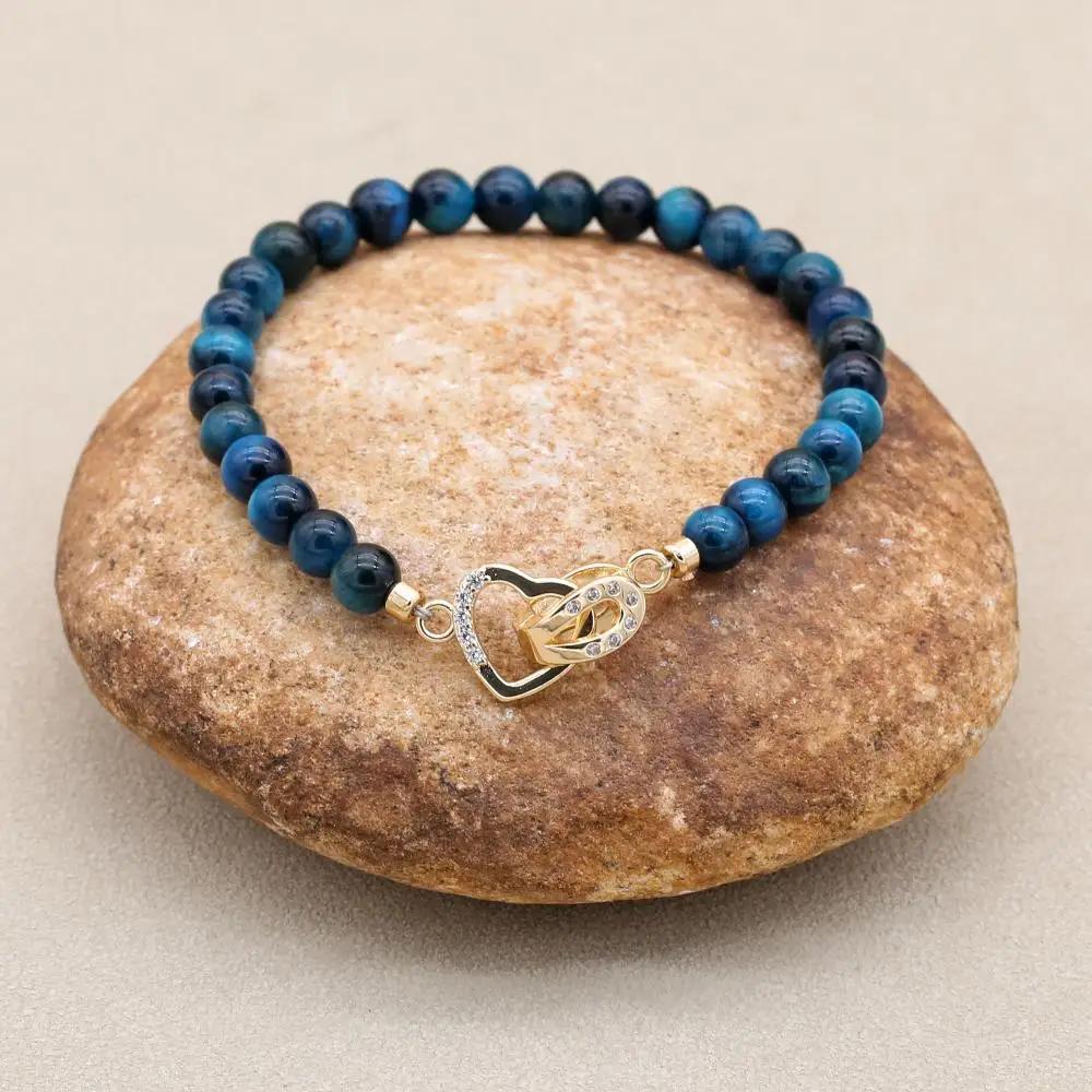 6mm Blue Tiger Eye Beads Copper Heart Shape Beaded Strand Bracelet & Bangle Women Men Lover Handmade Jewelry Valentine's Gifts