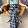 Summer Women's Plaid Wide-Leg Hemp-Like Trousers, High-Waist Comfortable Loose Straight-Leg Floor-Length Pants