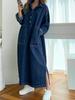 Women's Denim Dress Stand Collar Long Sleeve Button Long Dress Loose Chic Split Drawstring Maxi Dress