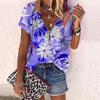 Women's Top Summer New Fashion Rose Flower A Small White Flower Printed Casual Zipper V-neck Short Sleeve Top