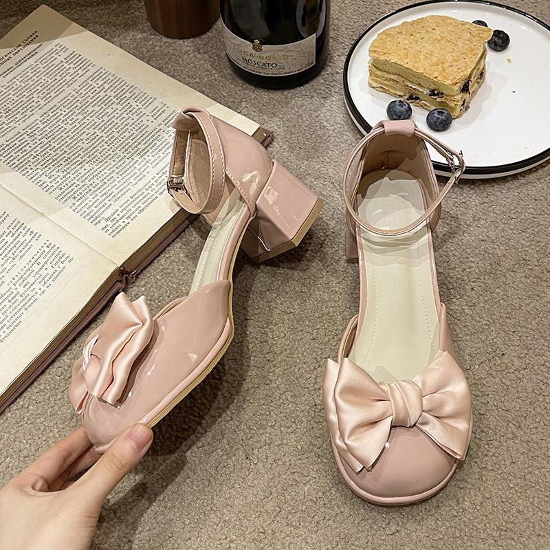 Fashion Women's Fashion Single Shoes Autumn New Round Head Shallow Mouth Butterfly Knot Line with Thick Heel Shoes