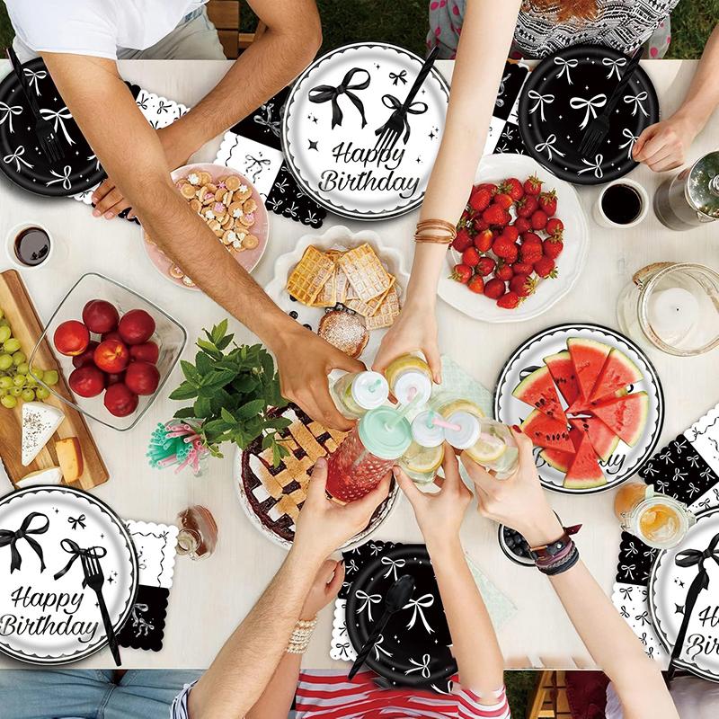 Black And White Bow Theme Kids Disposable Paper Plate Tablecloth Tissue Paper Party Set Decoration Decoration Supplies