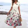 Women's Summer Casual Fashion Print Pocket Short Sleeve V-Neck Swing Dress