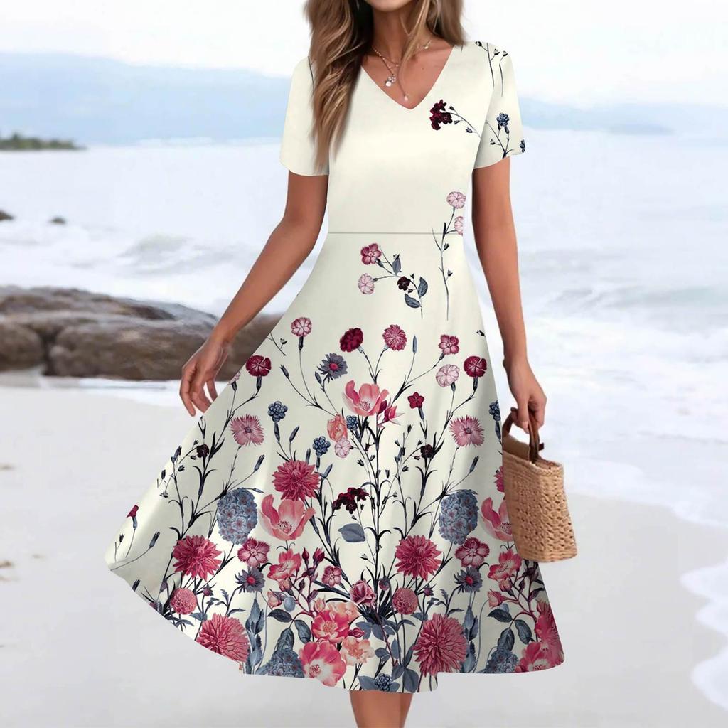 Women's Summer Casual Fashion Print Pocket Short Sleeve V-Neck Swing Dress