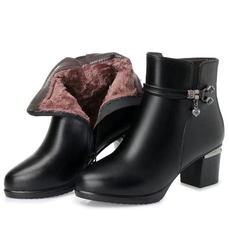 Winter Mother Cotton Shoes, Women's Short Boots, High-heeled Women's Boots, Mid-heel Plus Velvet Warm Cotton Boots