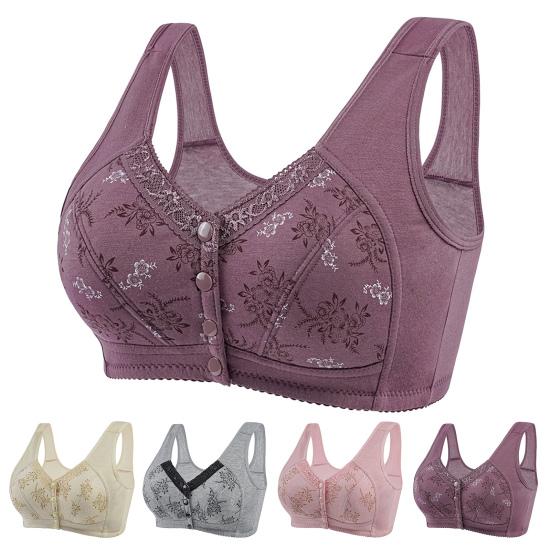 Бюстгальтер для женщин среднего возраста с эластичной застежкой на пуговицы спереди, большого размера, с цветочным кружевным принтом, ударопрочный, с эффектом пуш-ап, не цепляющийся