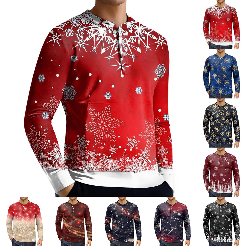 Men's Casual Button-Down Sweatshirt Fashion Printed Long Sleeve Shirt Pullover