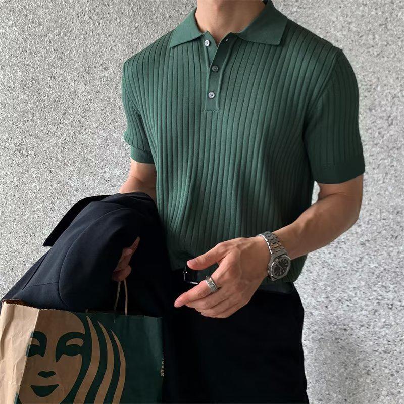 Men's Summer Korean Style Slim Fit Knitted Polo Shirt - Short-Sleeve, Solid Color, Ice Silk, Turn-Down Collar